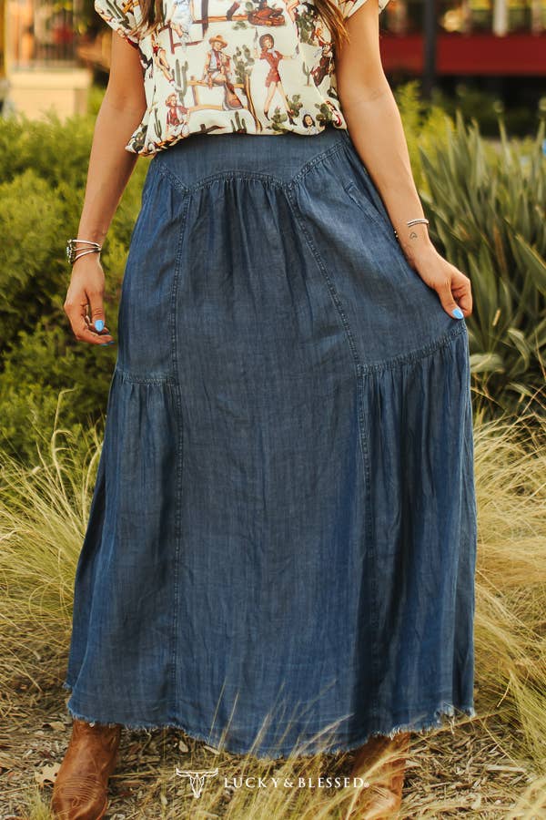Dark Wash Denim Stretch Maxi Skirt