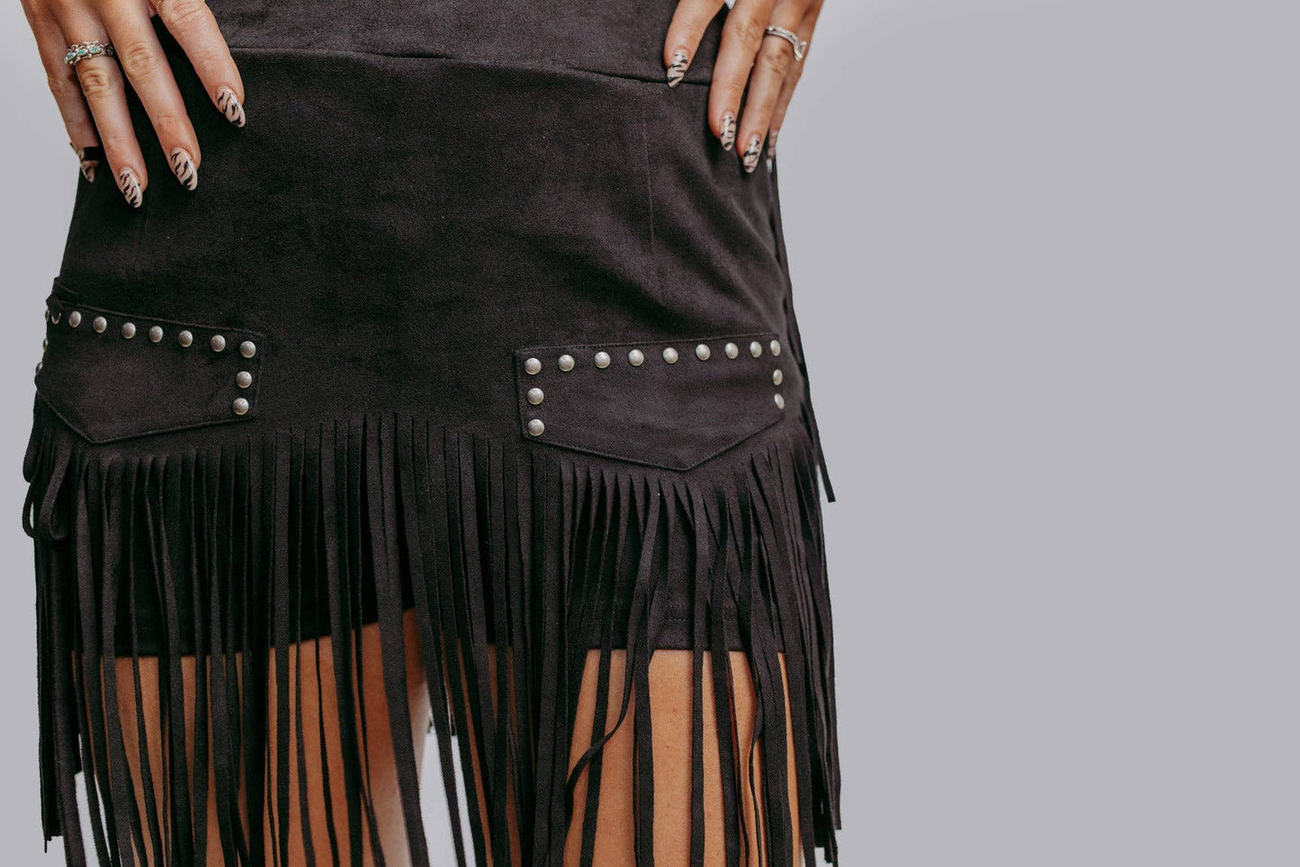Black Stud Fringe Skort