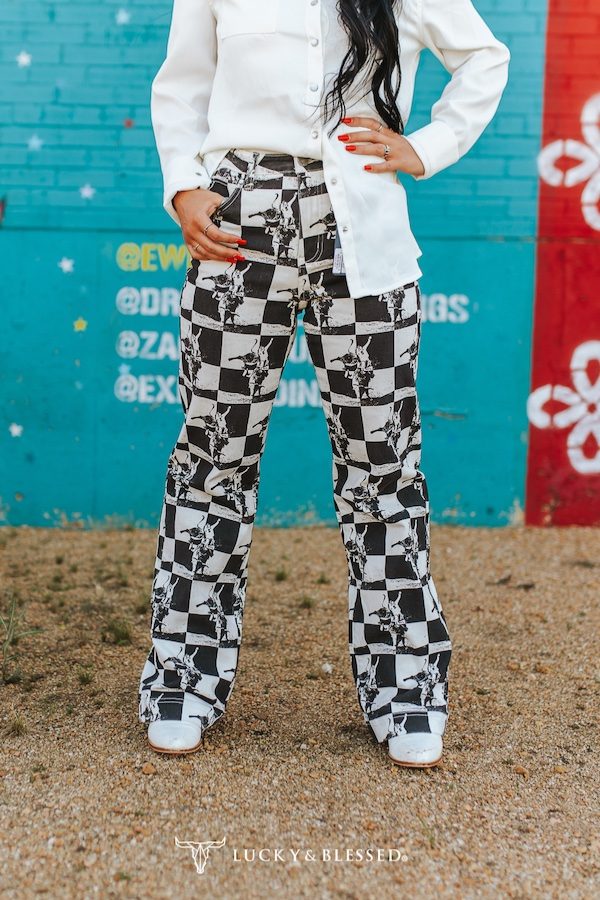 Black White Checkered Kicking Horse Jeans