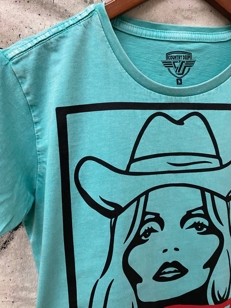Cowgirl Cropped Acid wash T-shirt turquoise