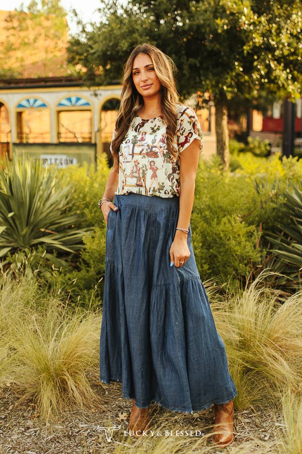 Dark Wash Denim Stretch Maxi Skirt