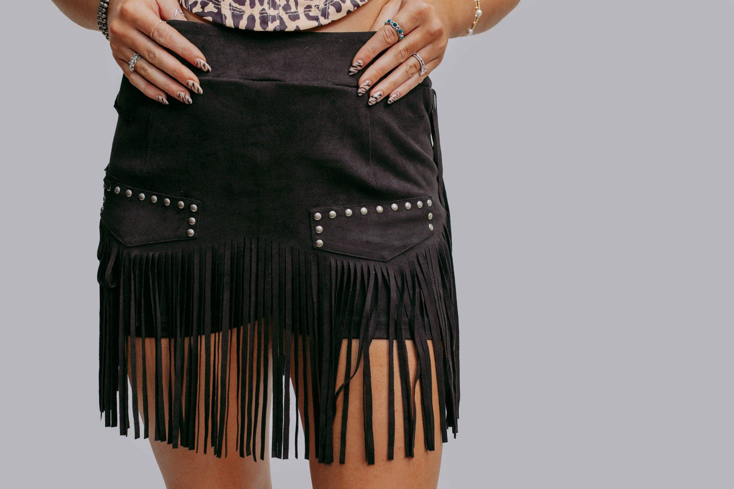 Black Stud Fringe Skort