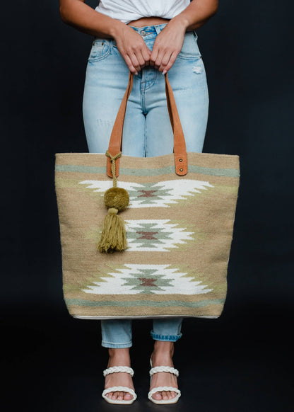 Tan & Light Green Aztec Tote