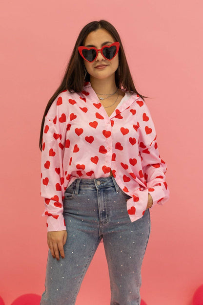 Red Hearts Button Up