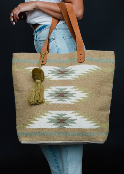 Tan & Light Green Aztec Tote