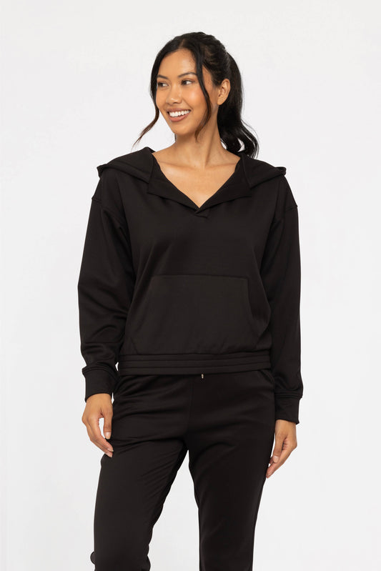 Black Elevated Pullover Henley Hoodie