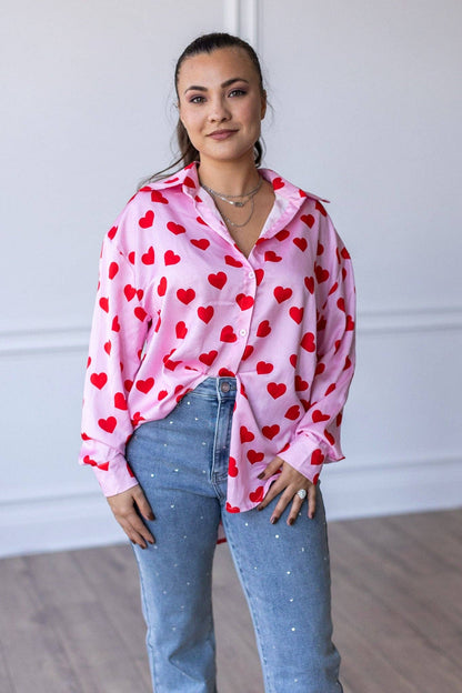 Red Hearts Button Up