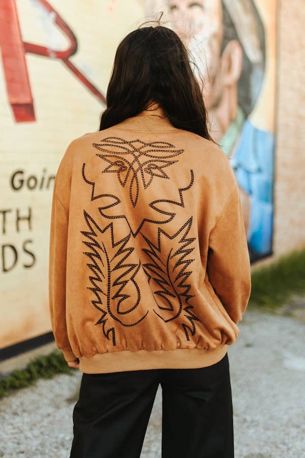 Camel Suede Boot Stitching Embroidery Bomber Jacket