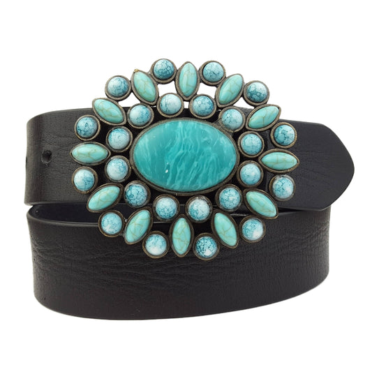 Leather belt with faux Turquoise Buckle