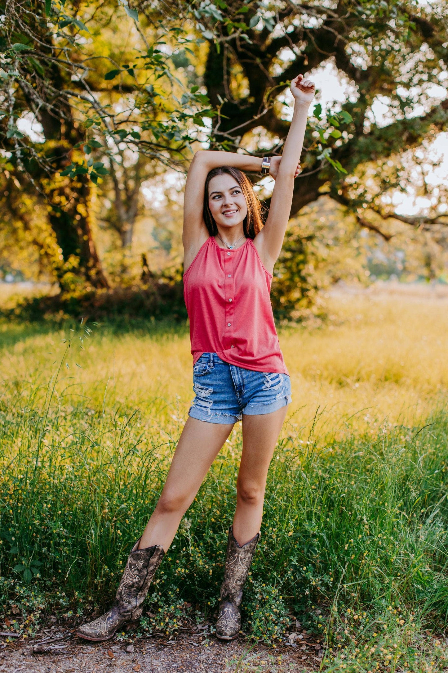 Free Bird Button Front Tank Coral