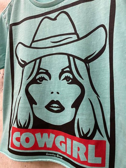 Cowgirl Cropped Acid wash T-shirt  turquoise