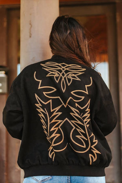 Black Suede Boot Stitching Embroidery Bomber Jacket