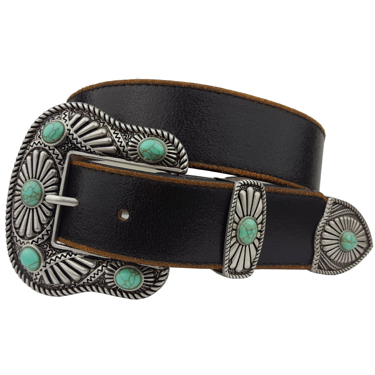 Vintage Leather belt with turquoise Buckle