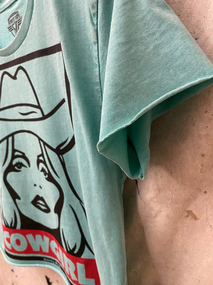 Cowgirl Cropped Acid wash T-shirt  turquoise