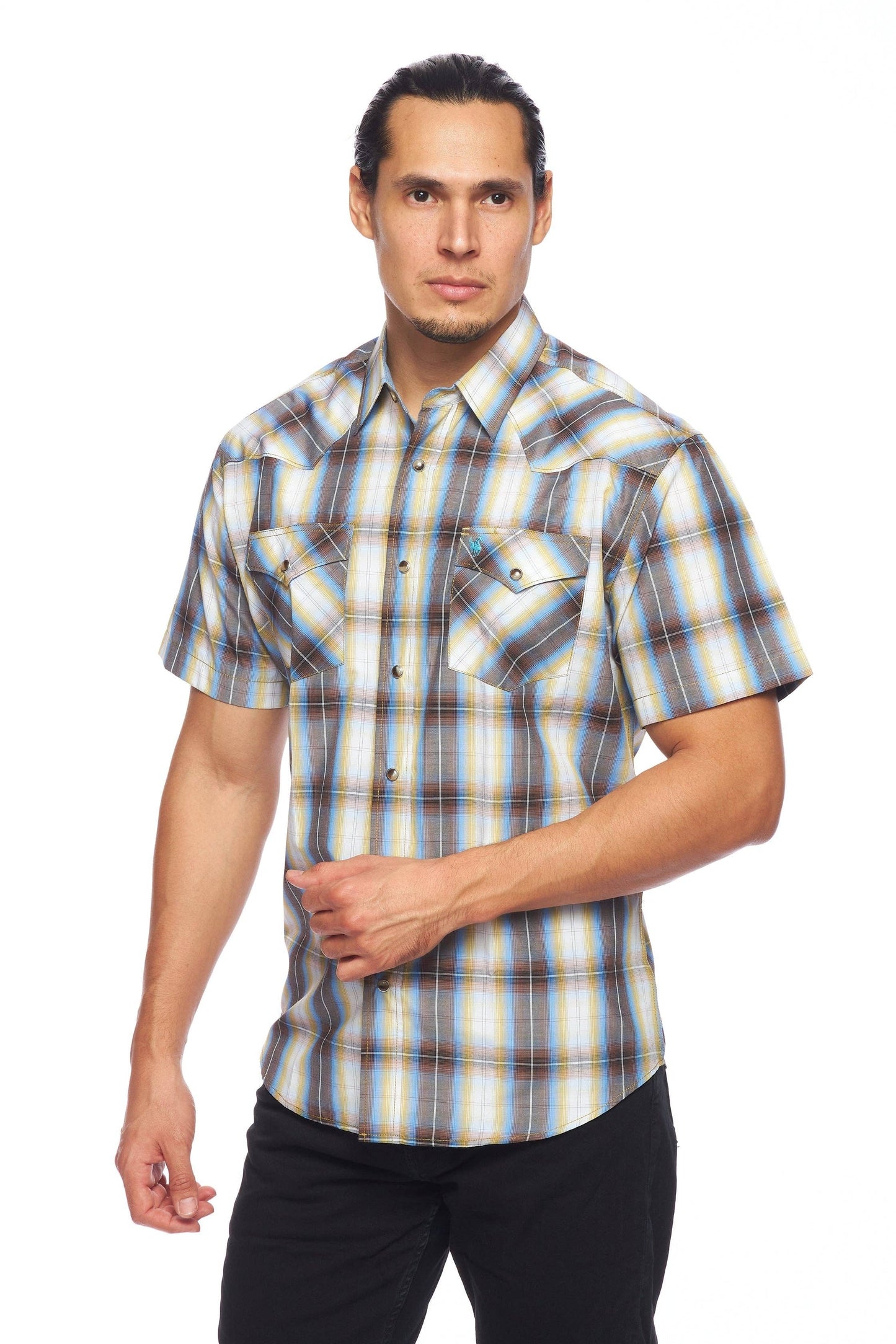 Men's Western Short Sleeve Pearl Snaps Plaid Shirt