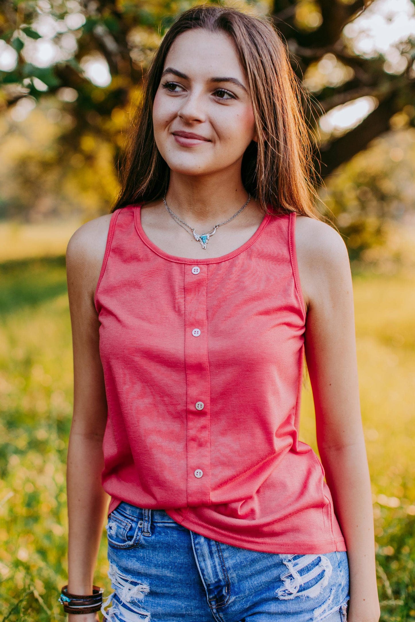 Free Bird Button Front Tank Coral