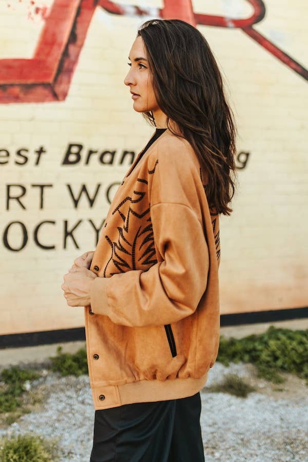 Camel Suede Boot Stitching Embroidery Bomber Jacket