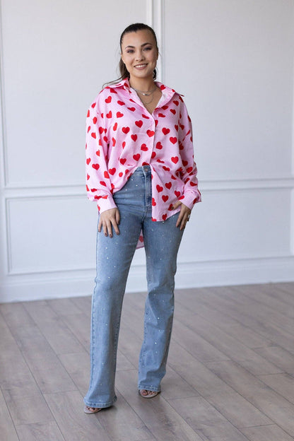 Red Hearts Button Up