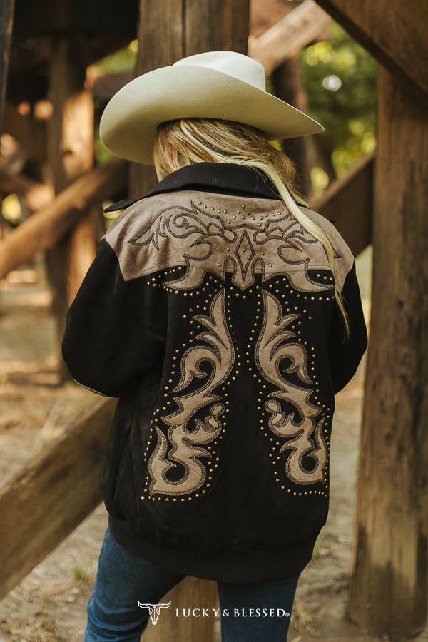 Black Boot Stitch Suede Embroidered Bomber Jacket