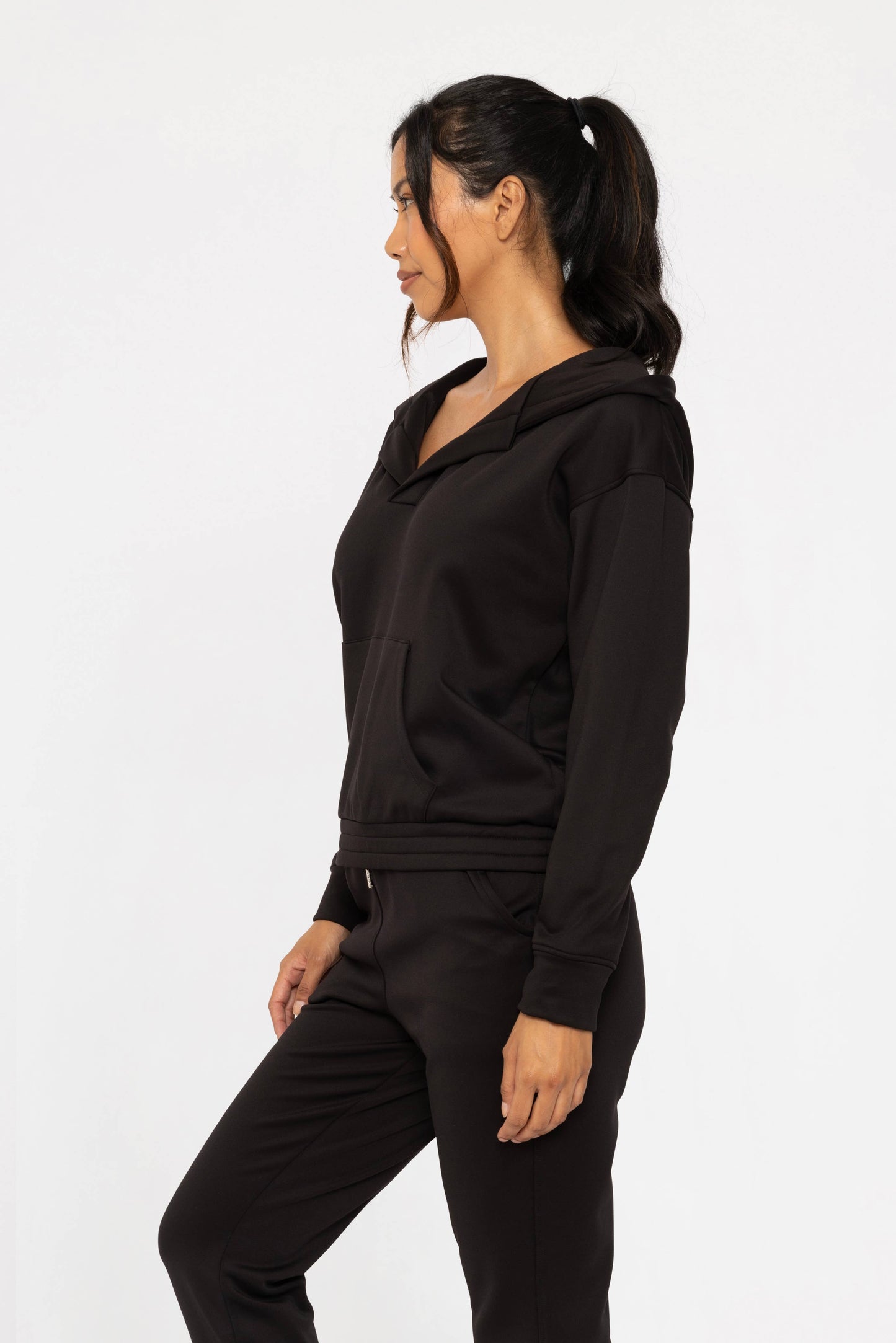 Black Elevated Pullover Henley Hoodie