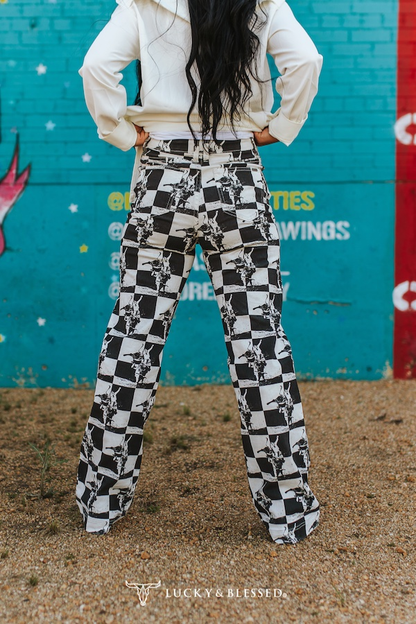 Black White Checkered Kicking Horse Jeans