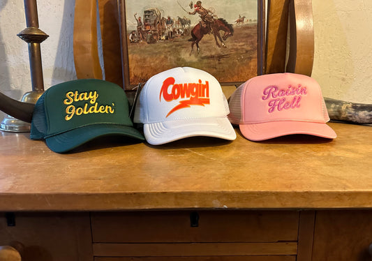 Stay Golden Embroidery Mesh Back Trucker Hat: Green