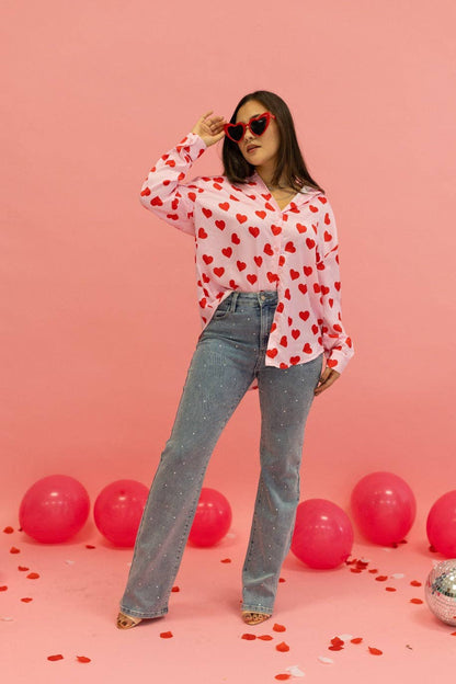 Red Hearts Button Up