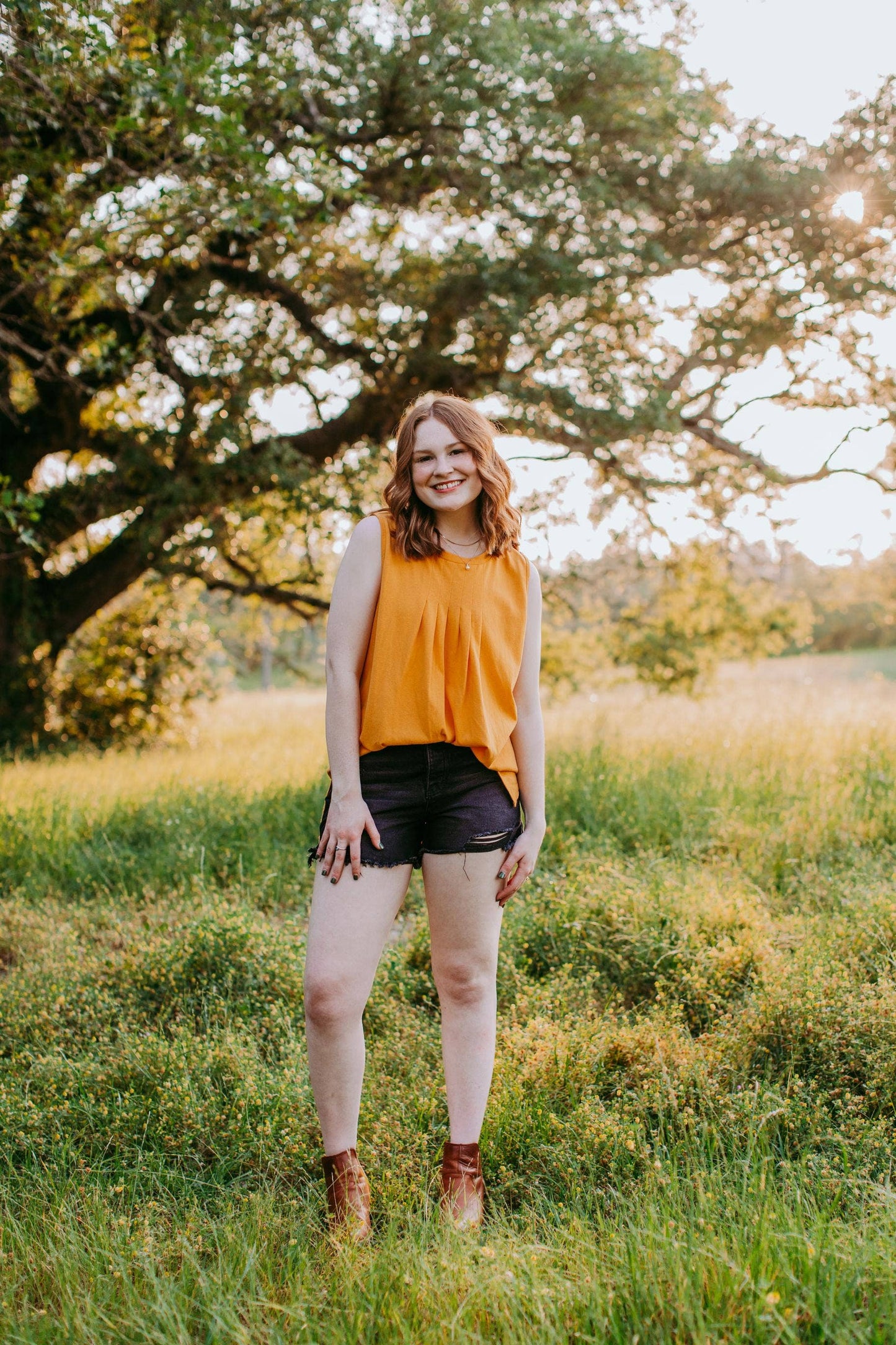 Dodge City Sleeveless Pintucked Tank Mustard