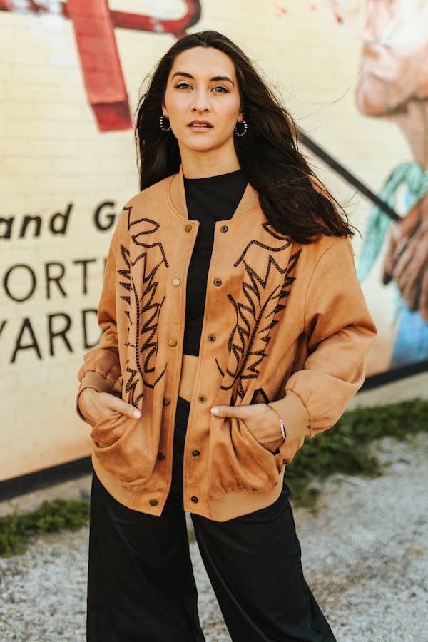 Camel Suede Boot Stitching Embroidery Bomber Jacket