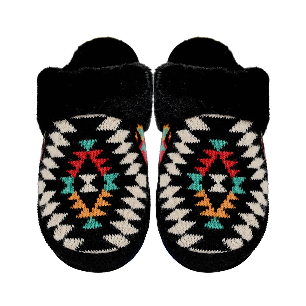 Black Aztec Patterned Faux Fur Slippers