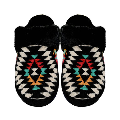 Black Aztec Patterned Faux Fur Slippers