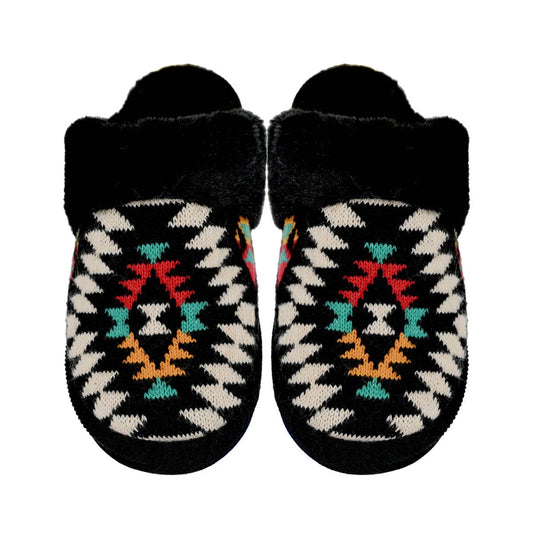 Black Aztec Patterned Faux Fur Slippers