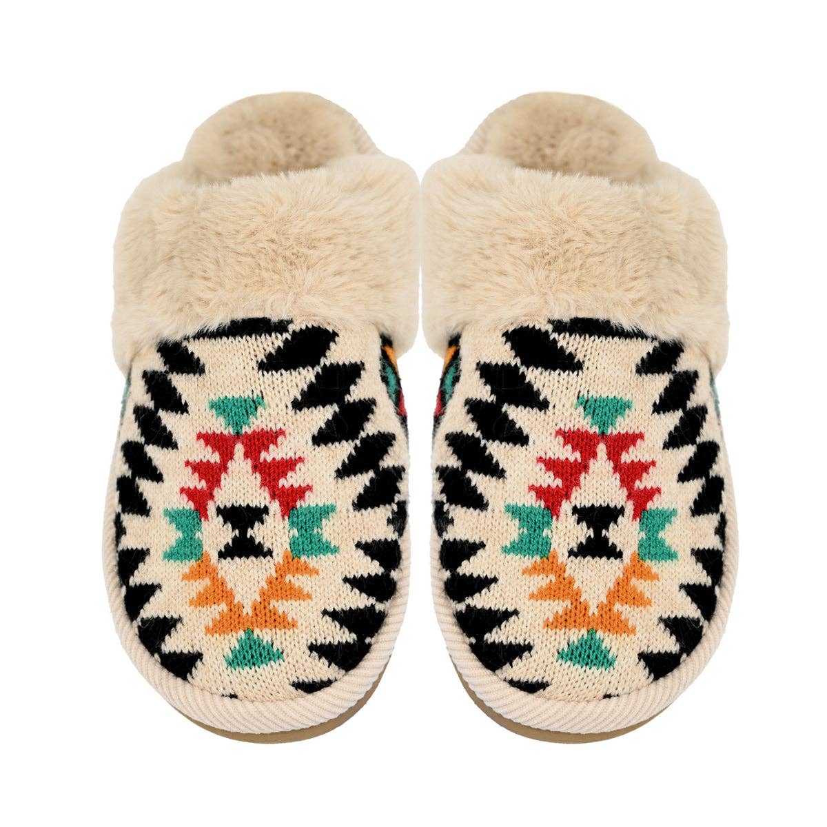 Black Aztec Patterned Faux Fur Slippers