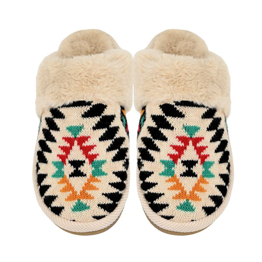 Beige Aztec Patterned Faux Fur Slippers