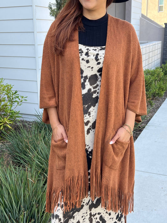 Harlow Cardi | Kimono Cardigan with Pockets & Fringed Hem in Camel