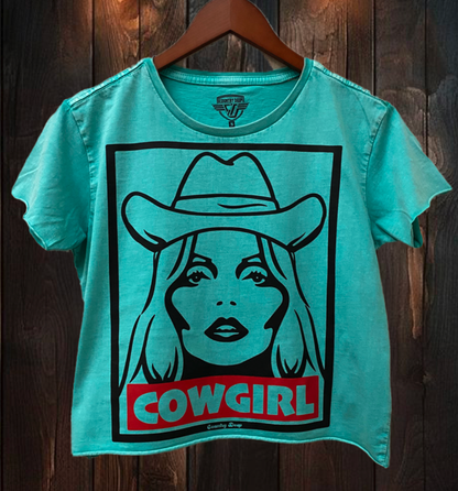 Cowgirl Cropped Acid wash T-shirt  turquoise