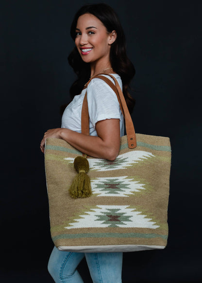 Tan & Light Green Aztec Tote